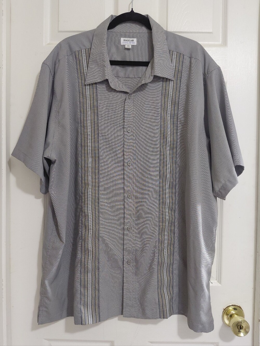 Haggar Cool 18 Tec 2XL Button Down Gray Pin Stripped Short Sleeve Shirt